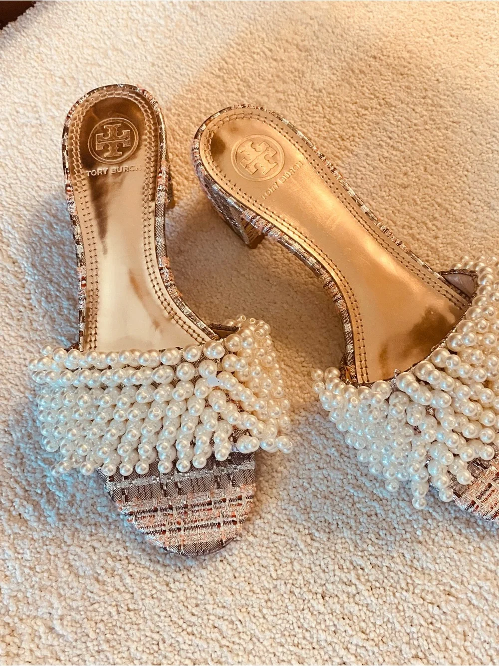 Tory Burch Embellished metallic plaid slide heels